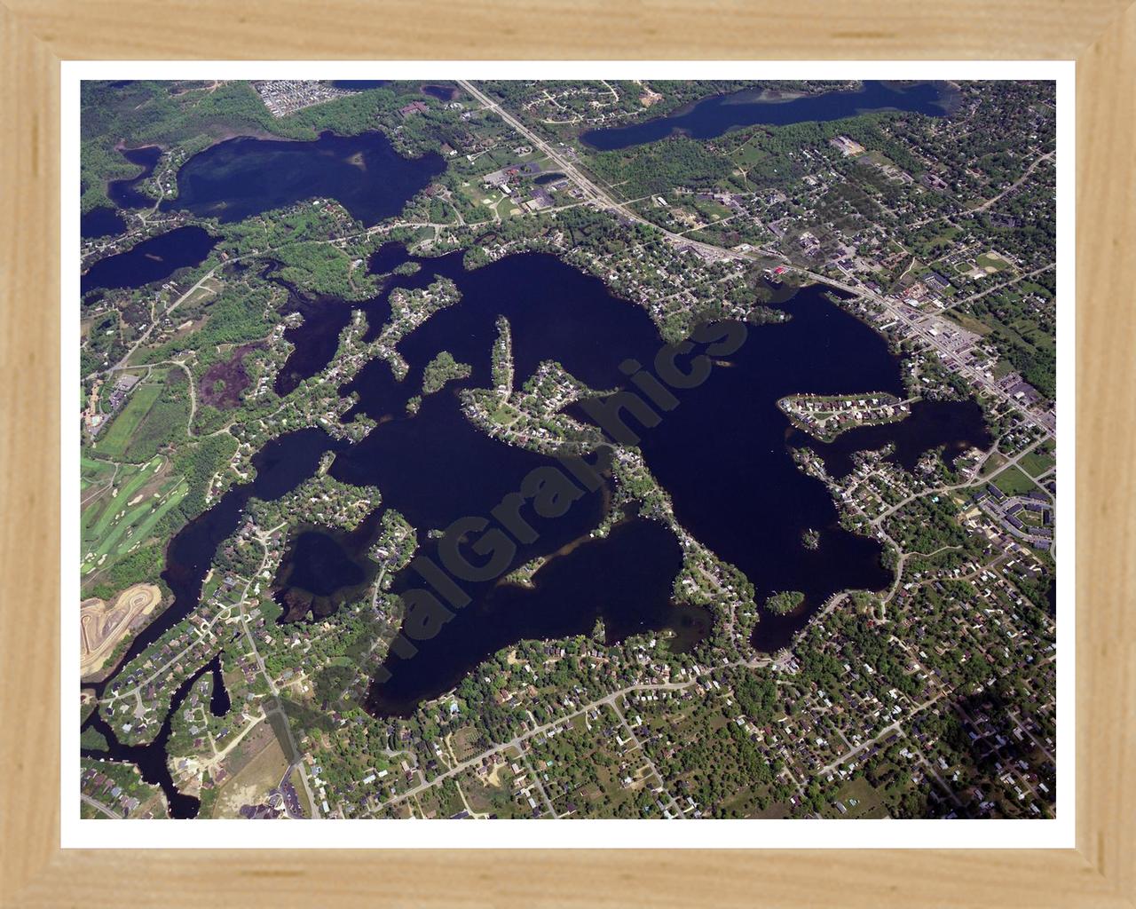 Aerial image of [599] Lake Orion in Oakland, MI with Natural Wood frame