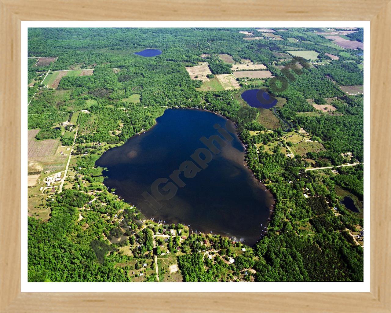 Aerial image of [600] Osterhout Lake in Allegan, MI with Natural Wood frame