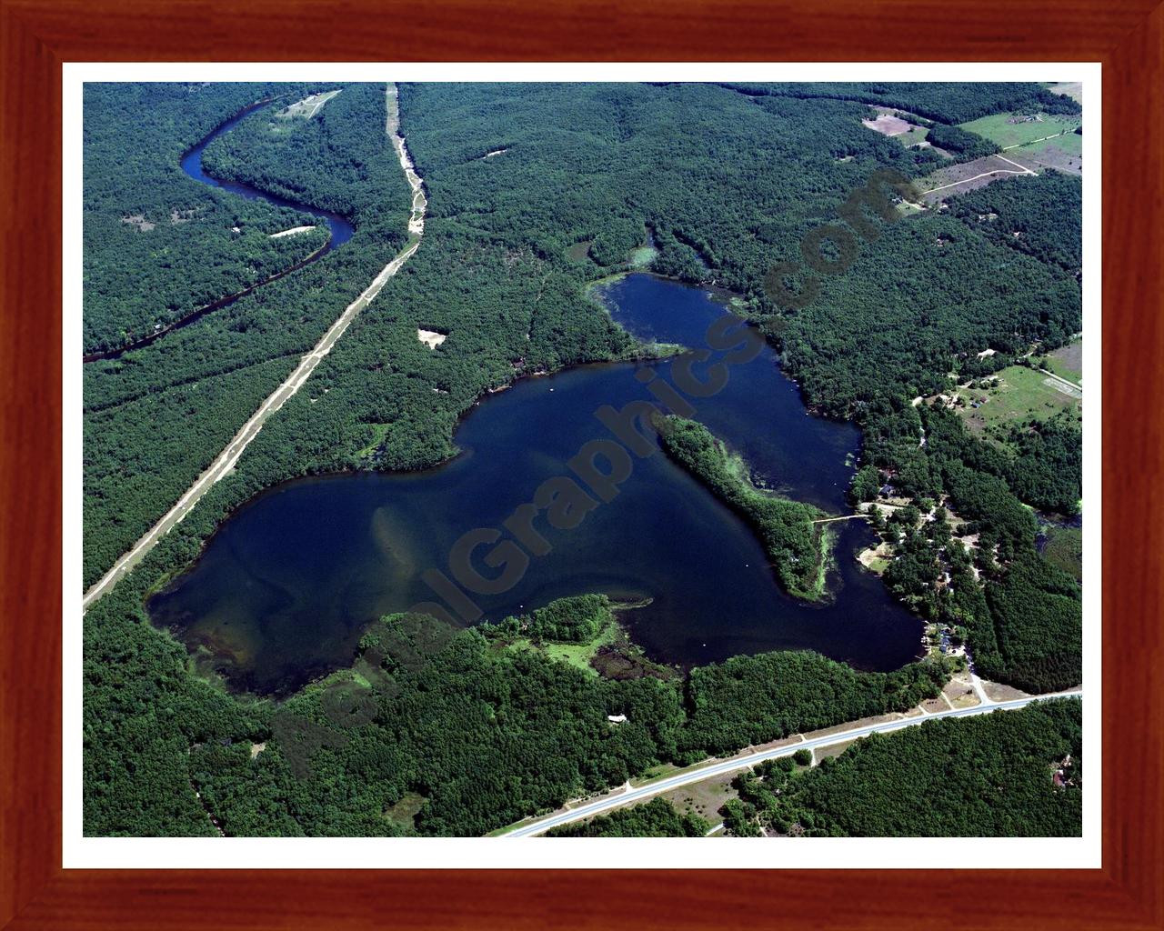 Aerial image of [624] Pettit Lake in Newaygo, MI with Cherry Wood frame