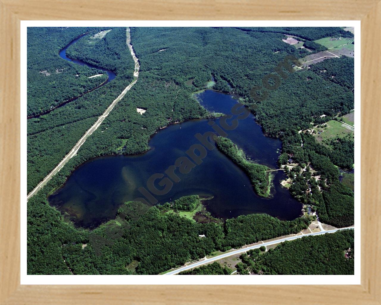 Aerial image of [624] Pettit Lake in Newaygo, MI with Natural Wood frame