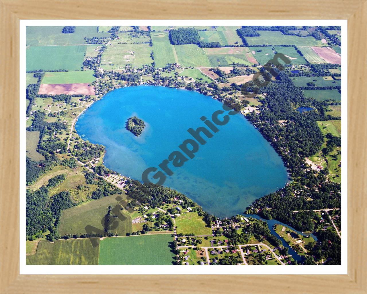 Aerial image of [644] Pleasant lake in Jackson, MI with Natural Wood frame