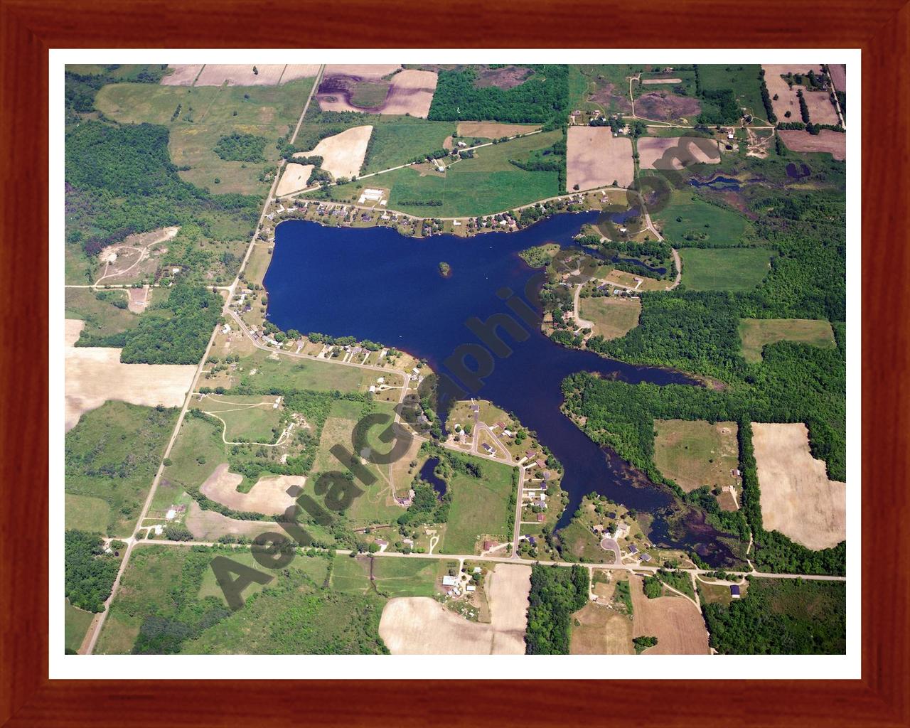 Aerial image of [952] Lake Bel Air in Hillsdale, MI with Cherry Wood frame