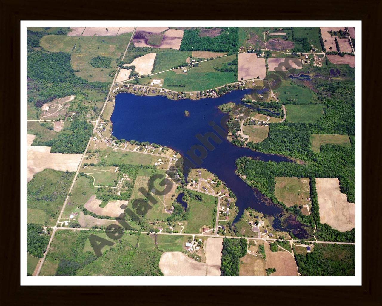 Aerial image of [952] Lake Bel Air in Hillsdale, MI with Black Wood frame